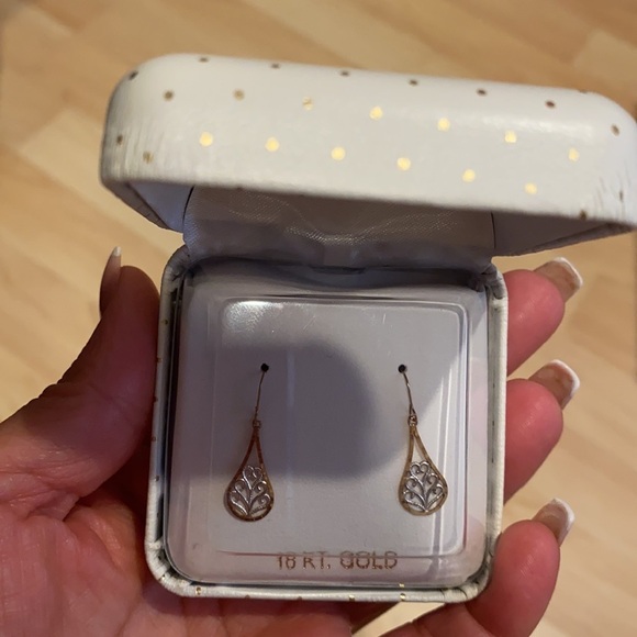 1” inch Pear 10K white & Gold Dangling Earrings tear shape earrings - Picture 7 of 8